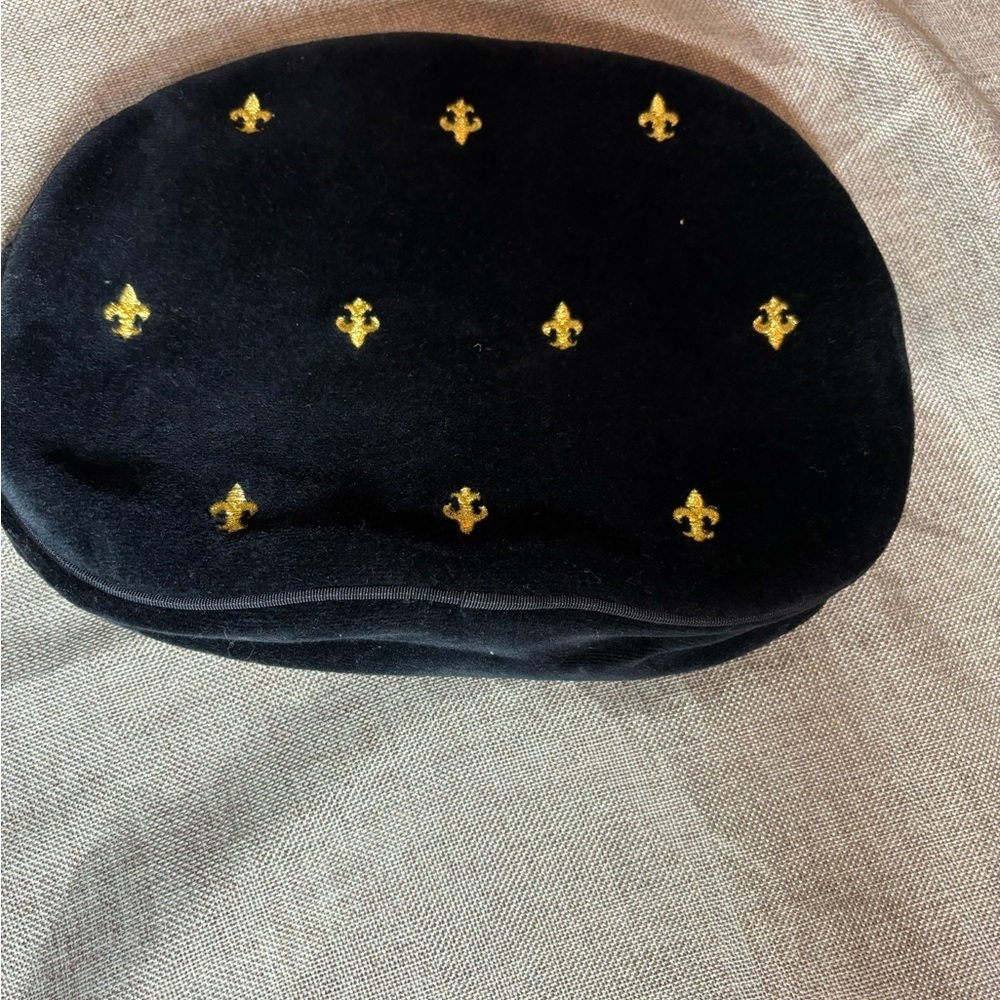 Oscar de la Renta Cosmetic Bag Black Velour with Gold Fleur de Lis Emblems